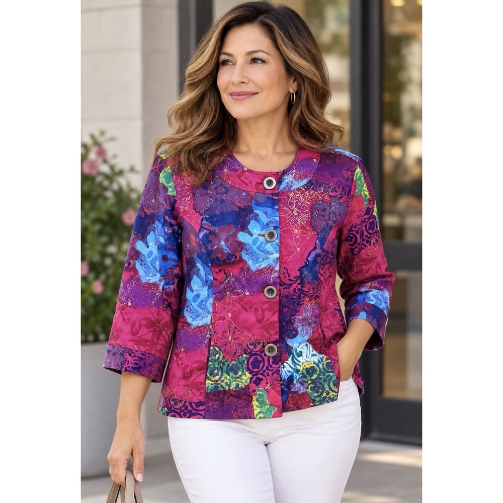 Watercolor Abstract Blazer Shacket Jacket Coldwater Creek Womens 16 Bohemian